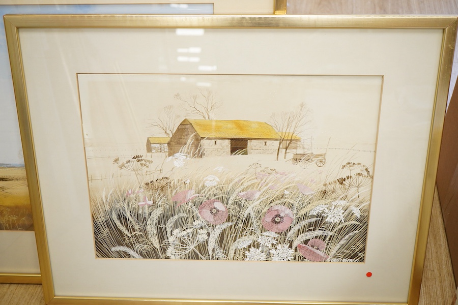Paul Evans (b.1950), Meadow before derelict farm buildings and one other, each signed, two watercolour and gouaches, largest 41 x 56cm